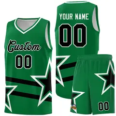 Kelly Green Basketball Kit Black Star Pattern and Double Lines