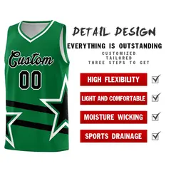 Kelly Green Basketball Kit Black Star Pattern and Double Lines 2