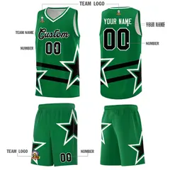 Kelly Green Basketball Kit Black Star Pattern and Double Lines 5