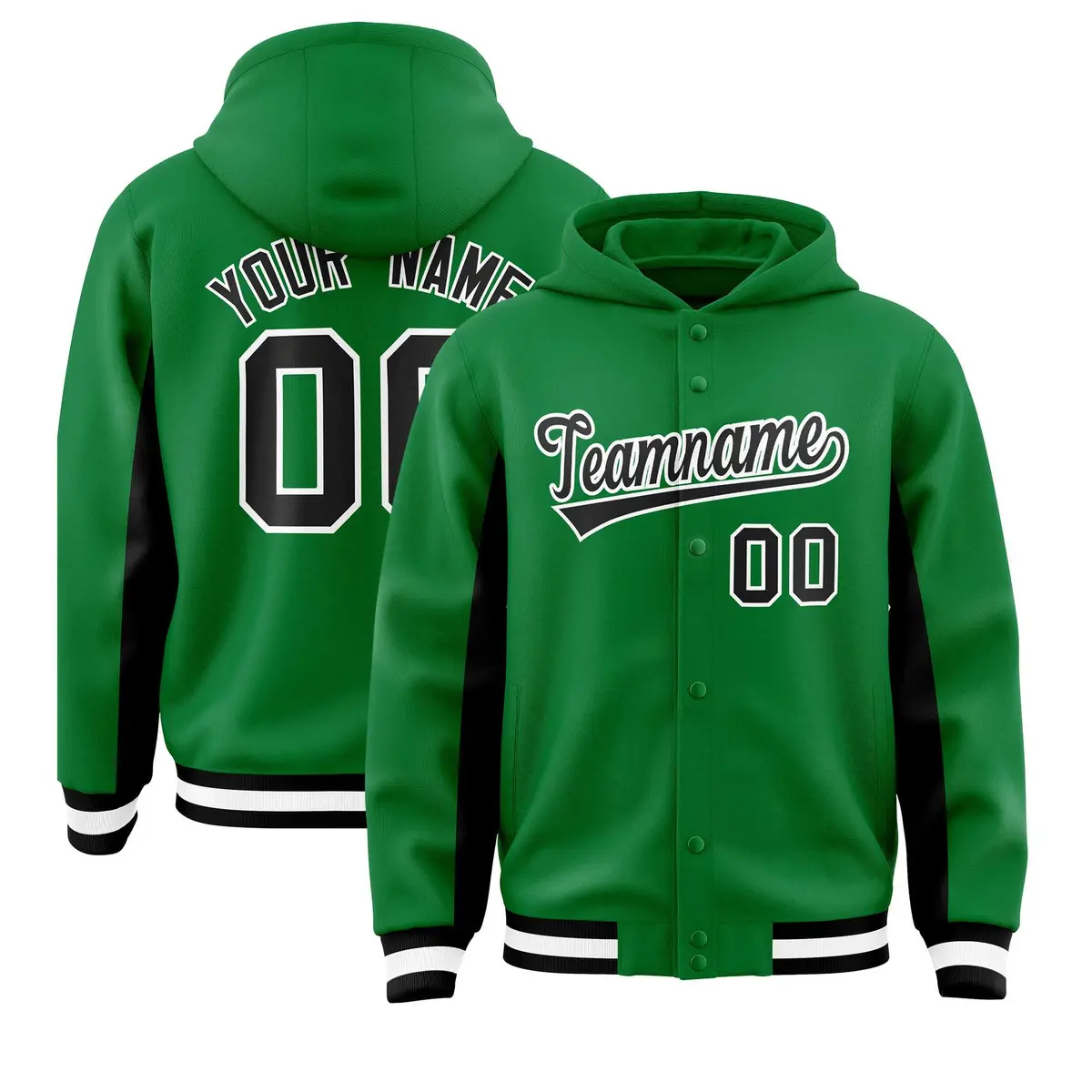 Kelly Green Black Color Block Varsity Letterman Jacket Hoodie