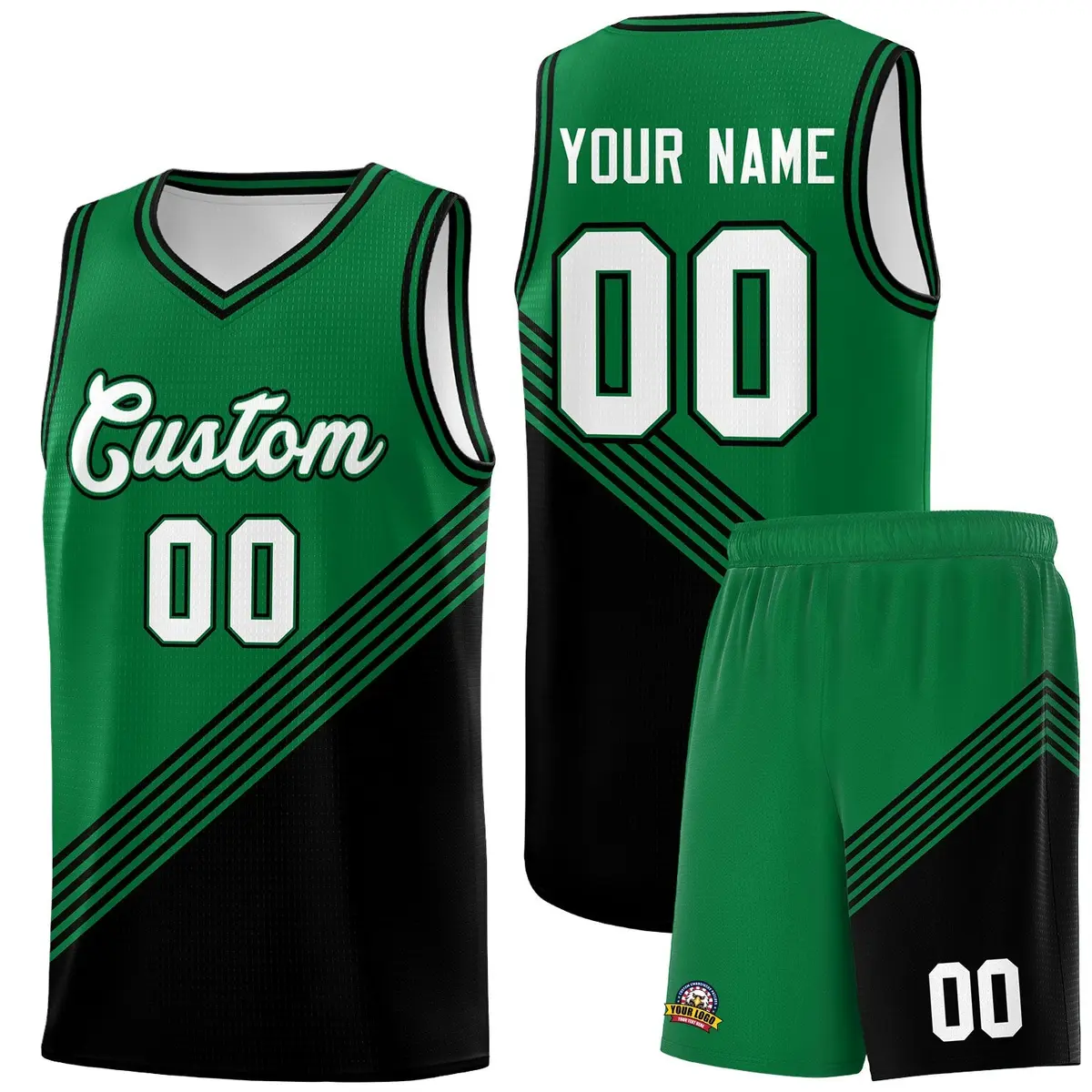 Kelly Green Black Diagonal Stripes Color Block Basketball Jersey