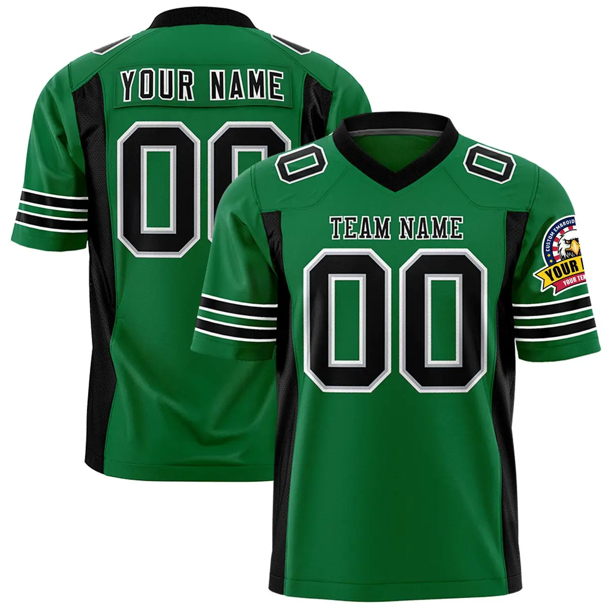 Kelly Green Black Football Jersey with Sleeve Stripes