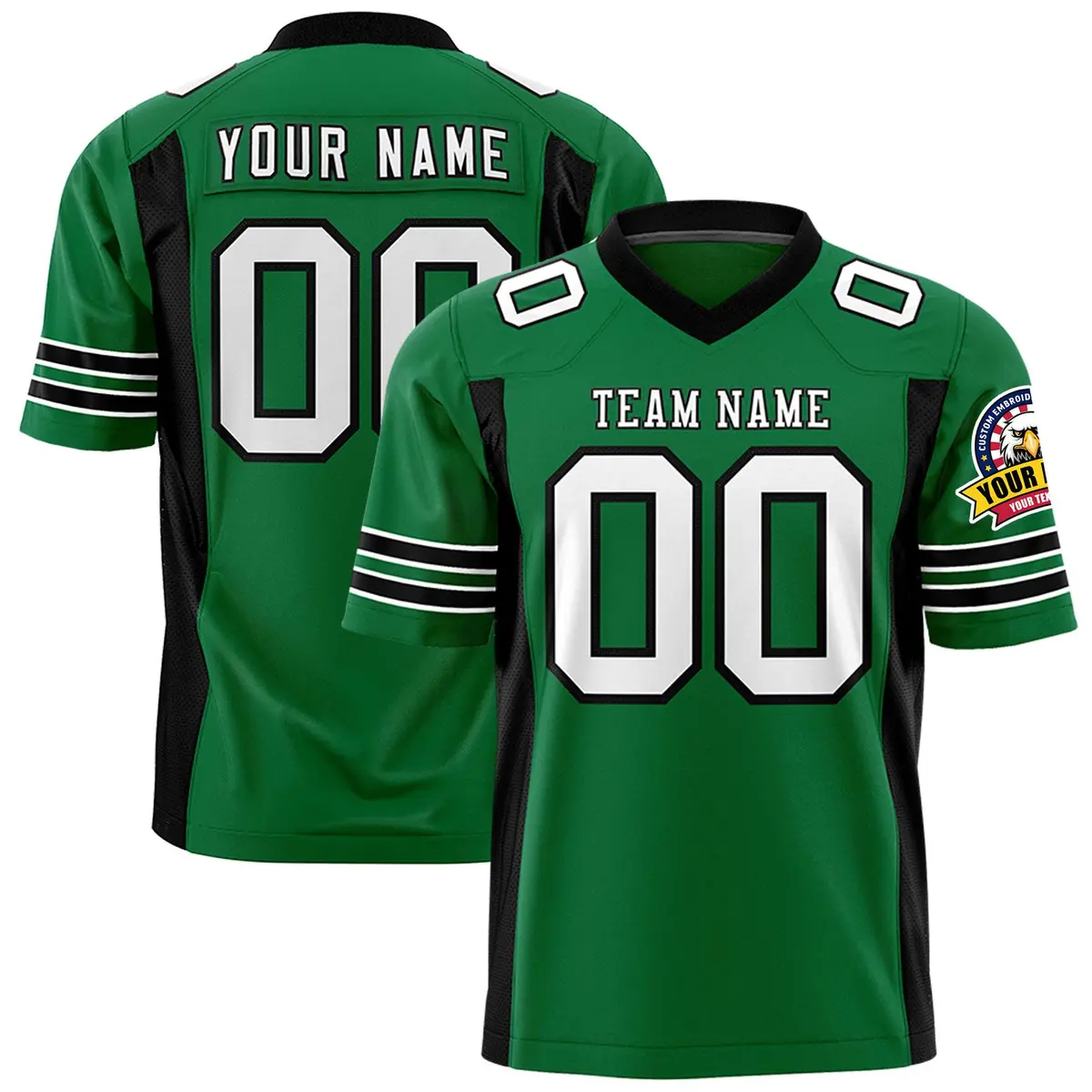 Kelly Green Black Football Jersey with Sleeve Stripes