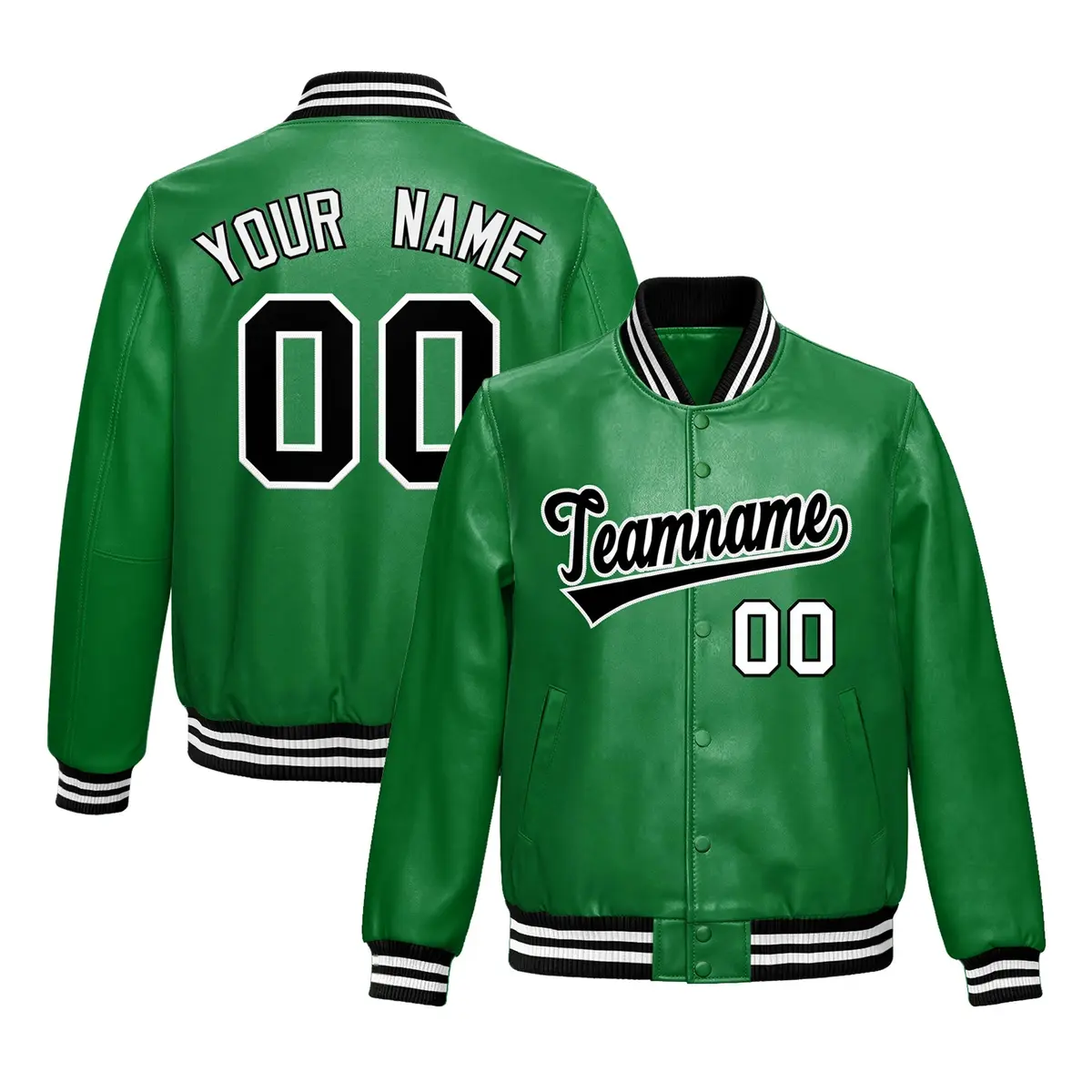 Kelly Green Black Full-Snap Faux Leather Varsity Letterman Jacket