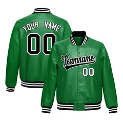 Kelly Green Black Full-Snap Faux Leather Varsity Letterman Jacket 1