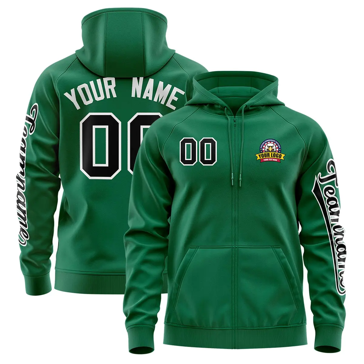 Kelly Green Black Full-Zip Varsity Letterman Jacket Hoodie