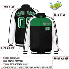 Kelly Green Black K-Ribbon Raglan Full-Snap Color Block Letterman Jacket 2