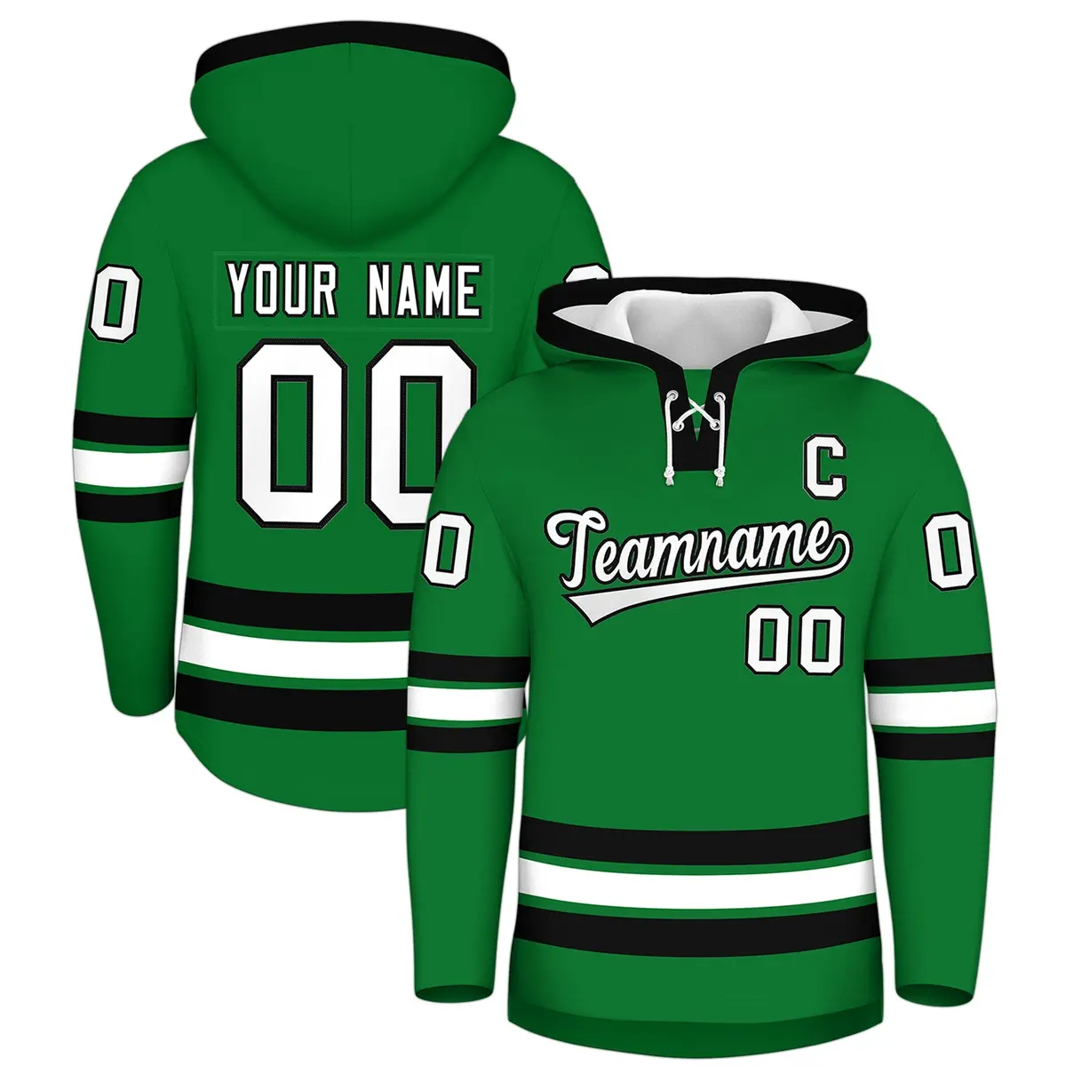Kelly Green Black Lace-Up Neck Classic Hockey Hoodie