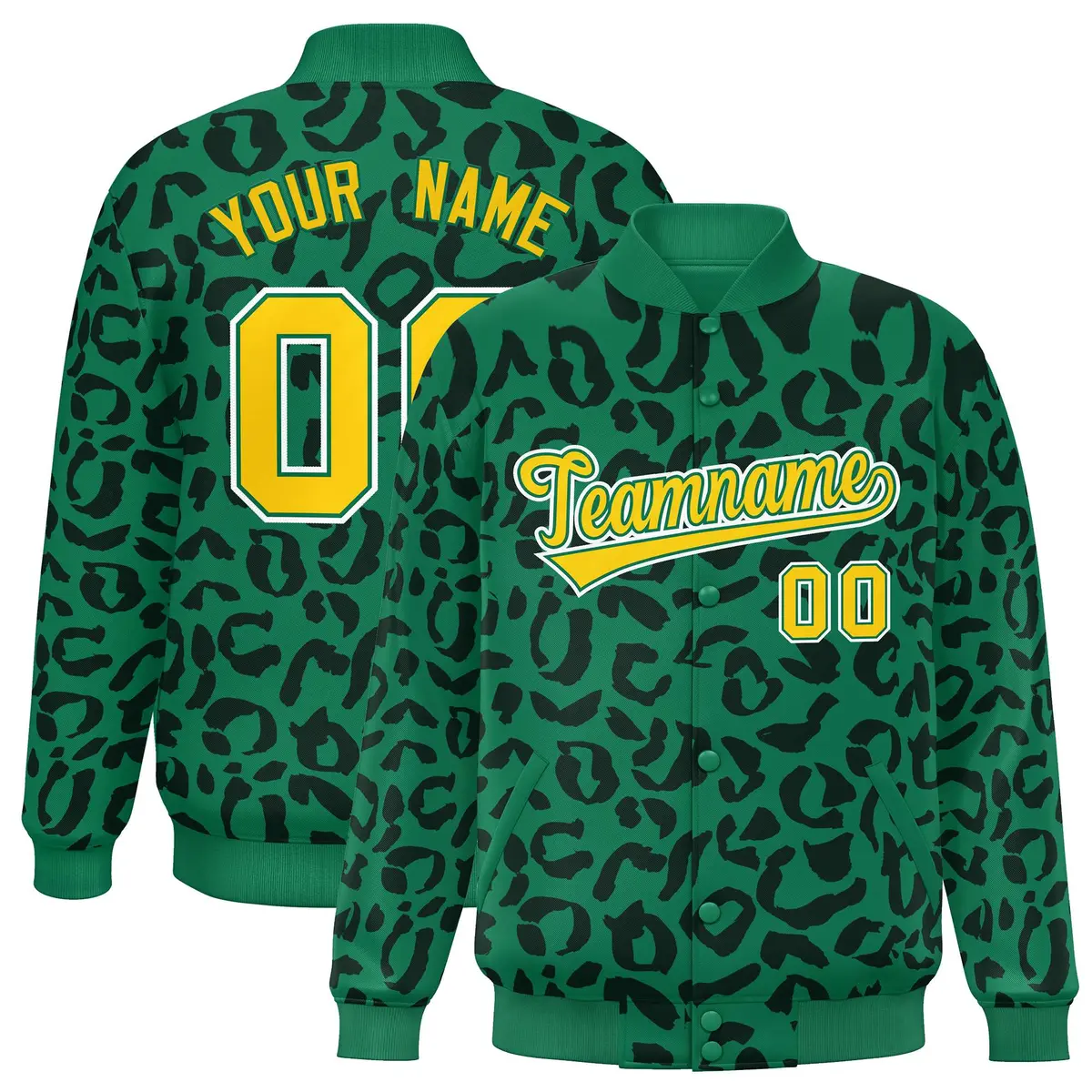 Kelly Green Black Leopard Graffiti Varsity Full-Snap Letterman Baseball Jacket