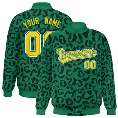 Kelly Green Black Leopard Graffiti Varsity Full-Snap Letterman Baseball Jacket