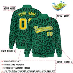 Kelly Green Black Leopard Graffiti Varsity Full-Snap Letterman Baseball Jacket 2