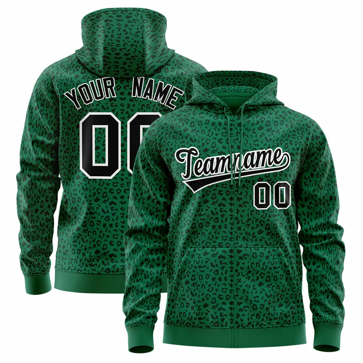 Kelly Green Black Leopard Print Varsity Full-Zip Letterman Jacket Hoodie