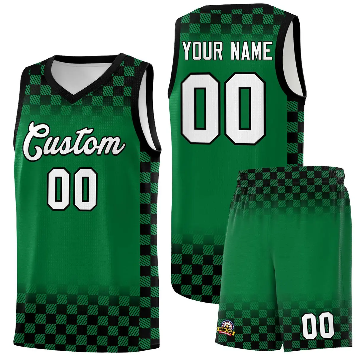 Kelly Green Black Plaid Pattern Basketball Jersey Uniform