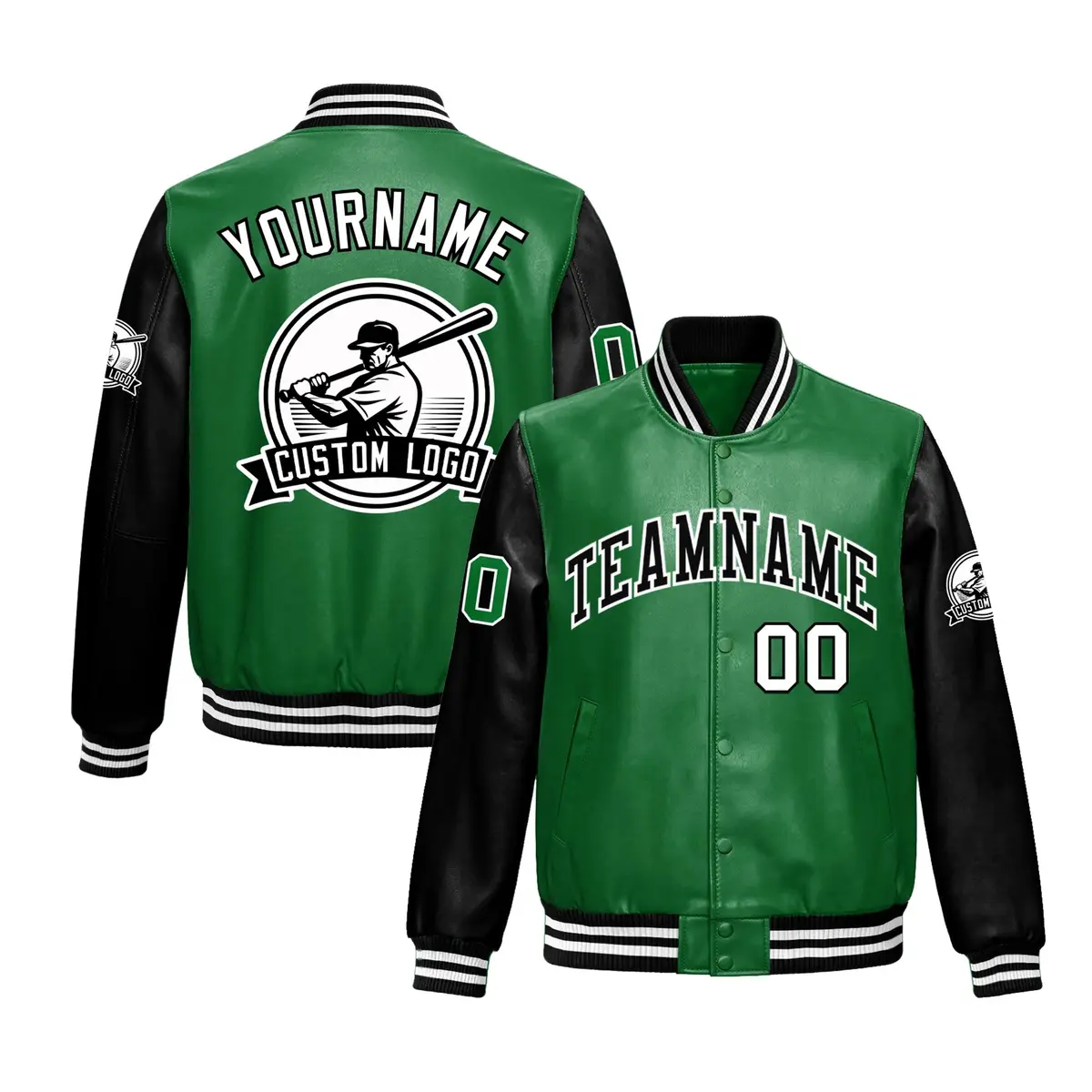Kelly Green Black Raglan Full-Snap Faux Leather Letterman Jacket