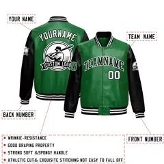 Kelly Green Black Raglan Full-Snap Faux Leather Letterman Jacket 2