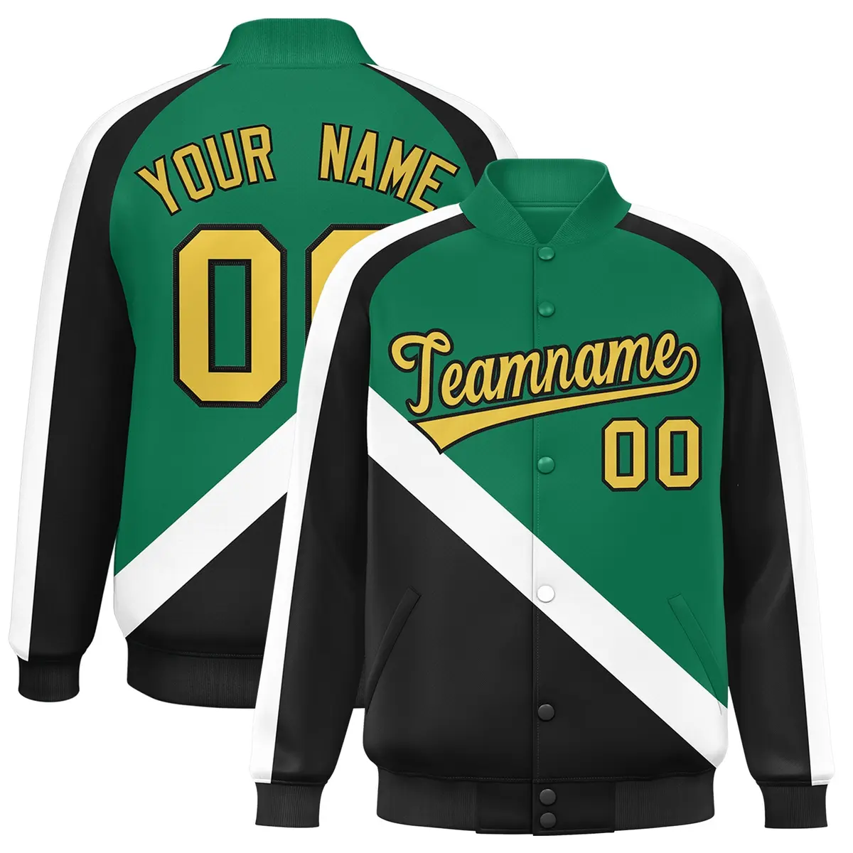 Kelly Green Black Raglan Full-Snap Letterman Baseball Jacket