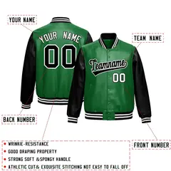 Kelly Green Black Raglan Full-Snap Varsity Faux Leather Letterman Jacket 2