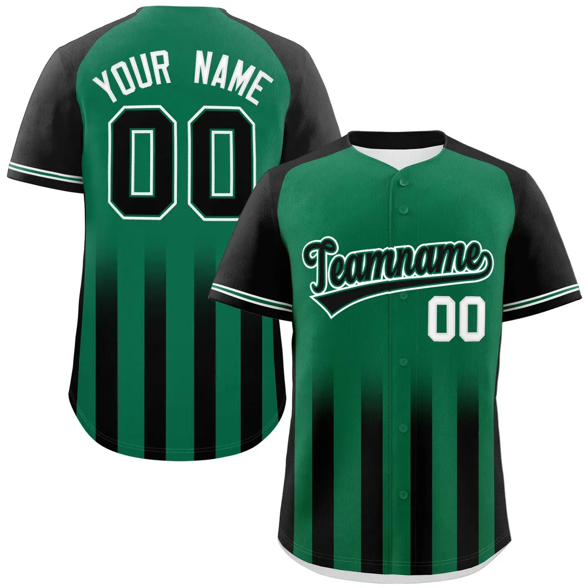 Kelly Green Black Raglan Gradient Thick Stripe Baseball Jersey