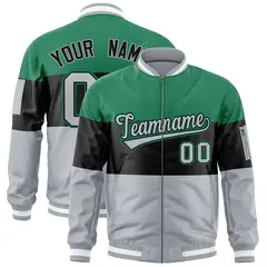 Kelly Green Black-Silver Color Block Varsity Letterman Bomber Jacket 1