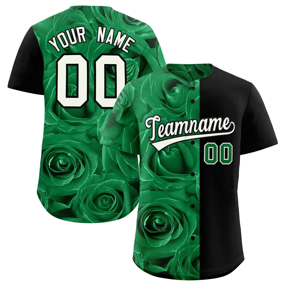 Kelly Green Black Split Rose Print Baseball Jersey
