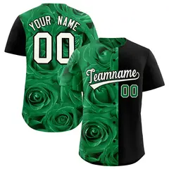 Kelly Green Black Split Rose Print Baseball Jersey