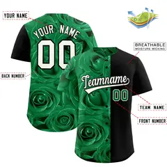 Kelly Green Black Split Rose Print Baseball Jersey 2