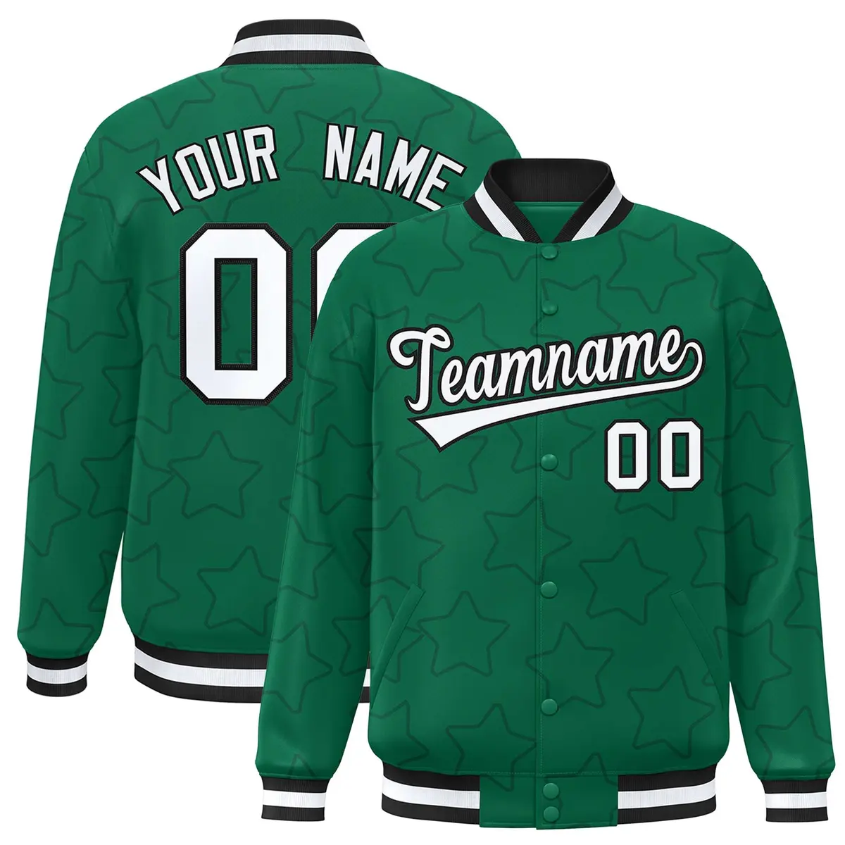 Kelly Green Black Star Pattern Varsity Full-Snap Letterman Jacket