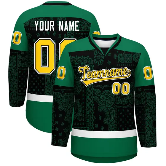 Kelly Green Black White Cashew Flower Graffiti V-Neck Hockey Jersey
