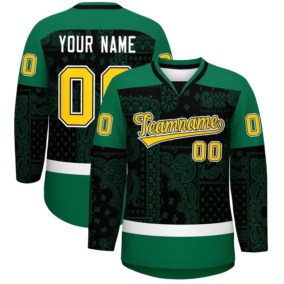 Kelly Green Black White Cashew Flower Graffiti V-Neck Hockey Jersey