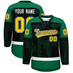Kelly Green Black White Cashew Flower Graffiti V-Neck Hockey Jersey 1