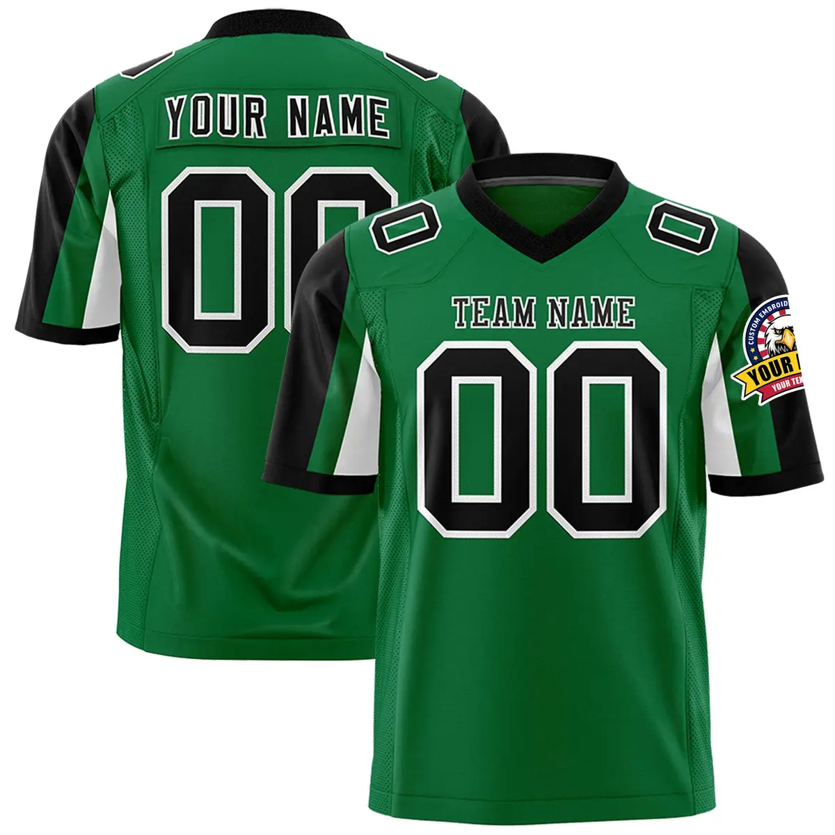 Kelly Green Black-White Color Block Raglan Sleeves Football Jersey