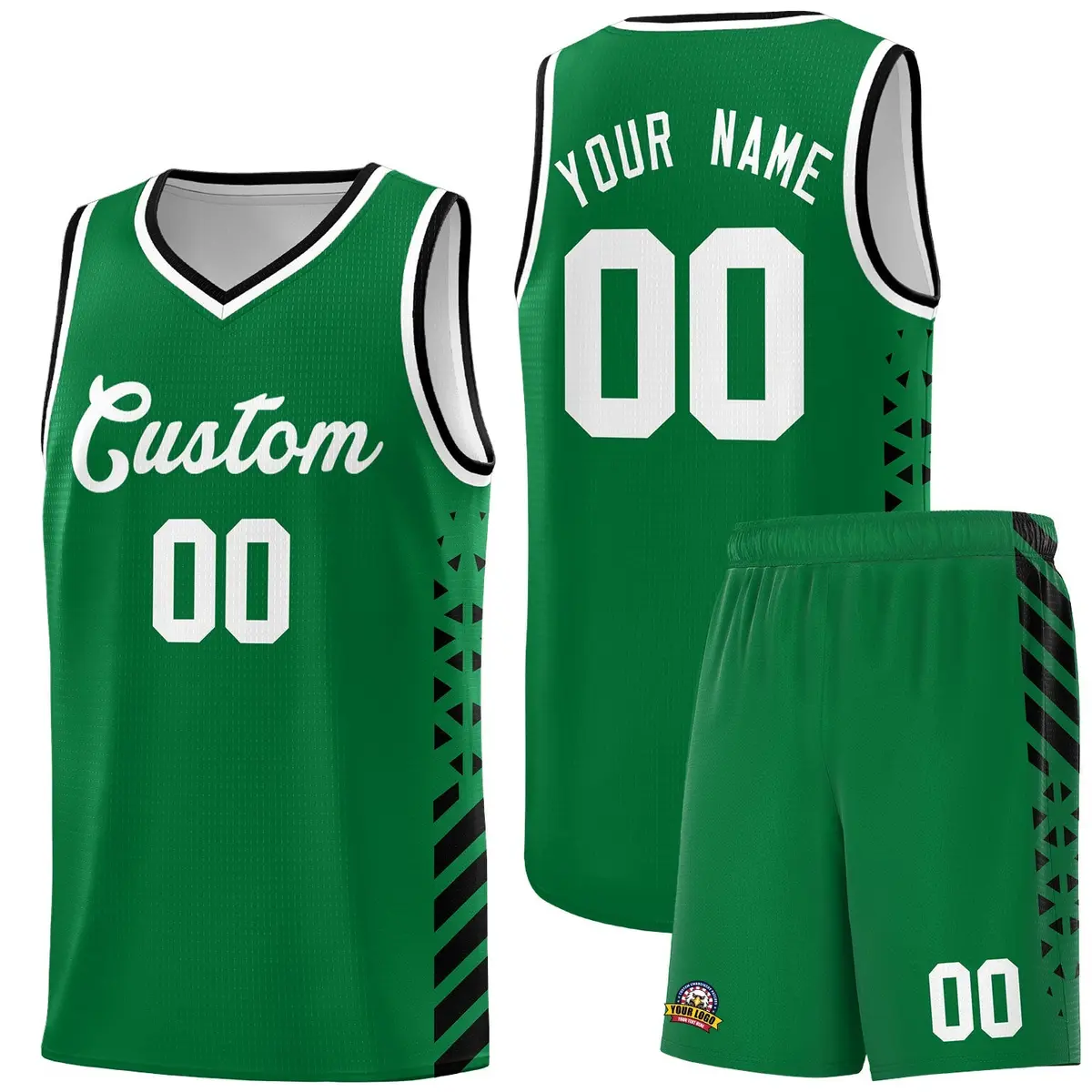 Kelly Green Black White Diamond Stripe Side Basketball Jersey