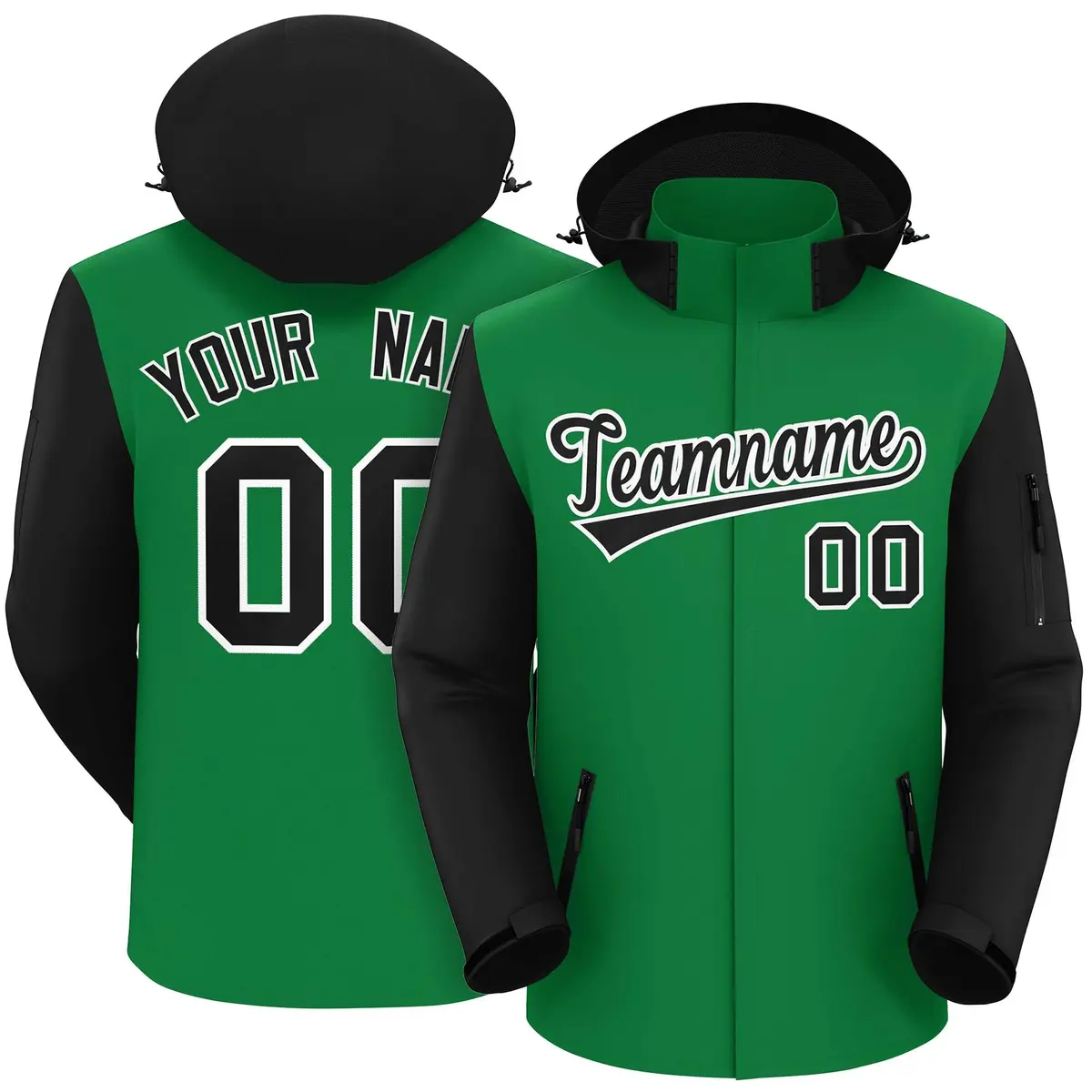 Kelly Green Black-White Raglan Sleeves Waterproof Jacket