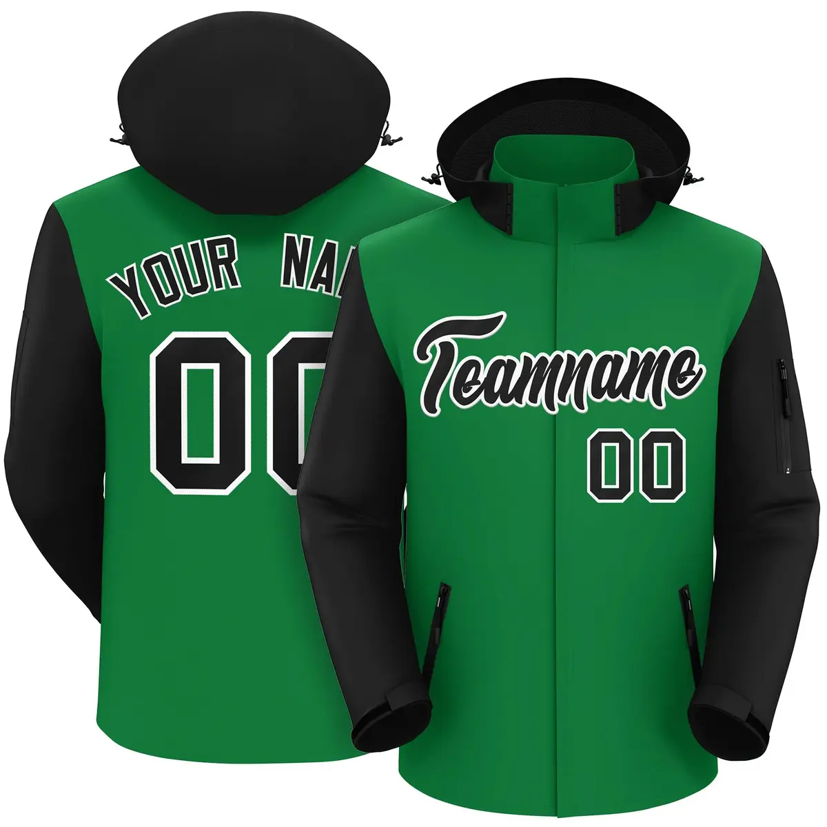 Kelly Green Black-White Raglan Sleeves Waterproof Jacket