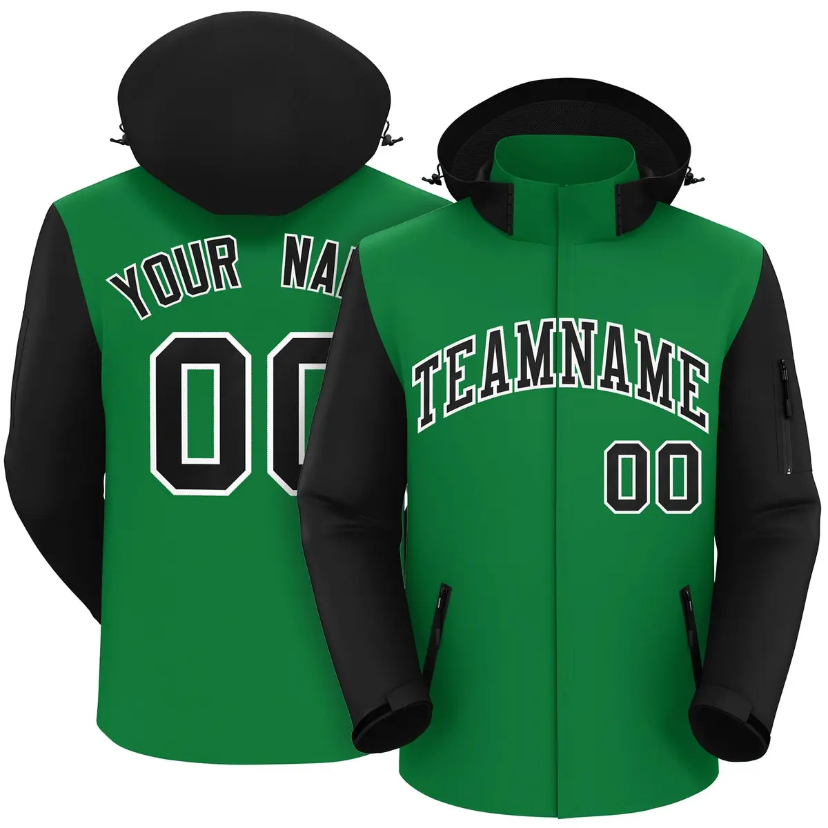 Kelly Green Black-White Raglan Sleeves Waterproof Jacket