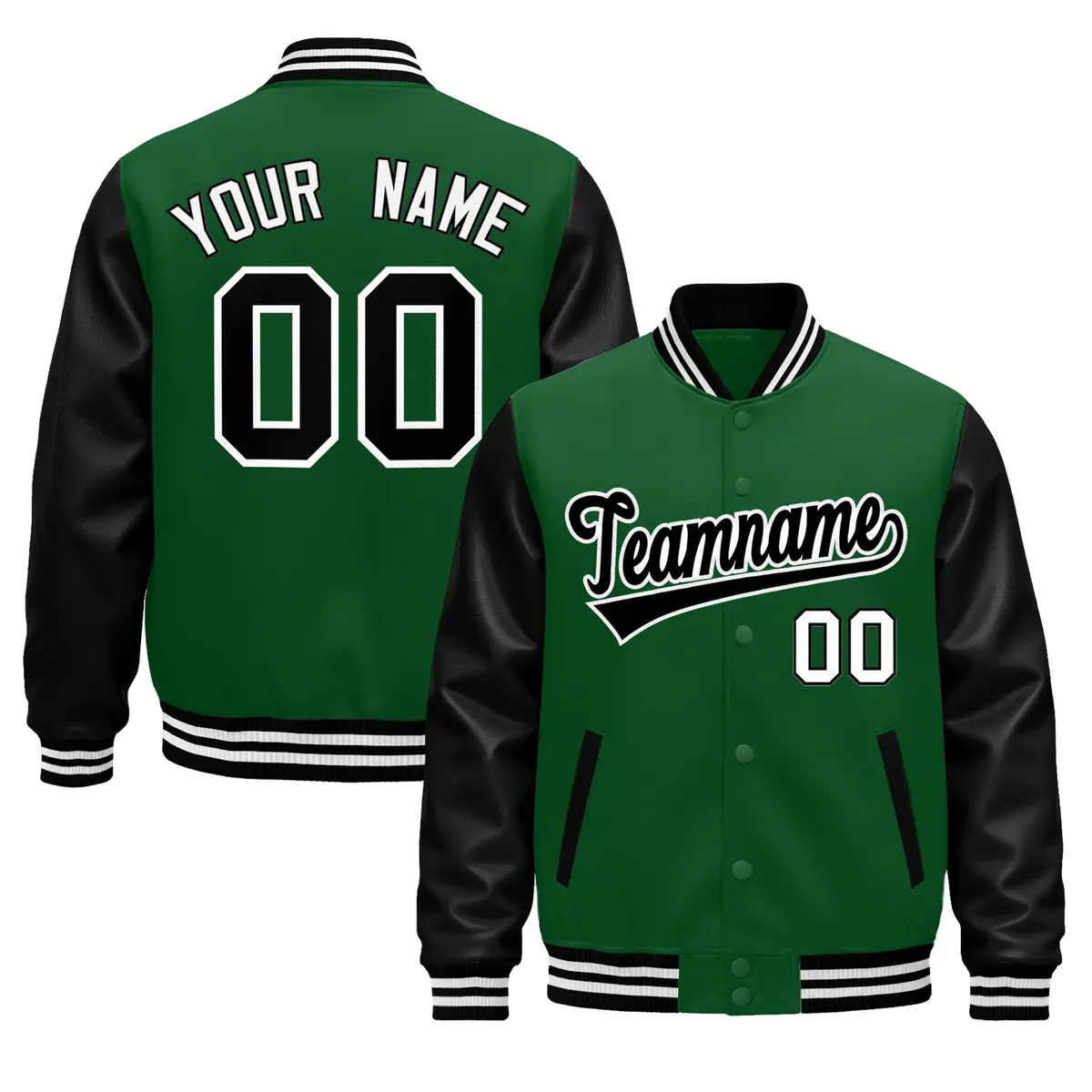 Kelly Green Black White Raglan Varsity Full-Snap Leather Sleeves Letterman Jacket