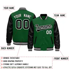 Kelly Green Black White Raglan Varsity Full-Snap Leather Sleeves Letterman Jacket 2