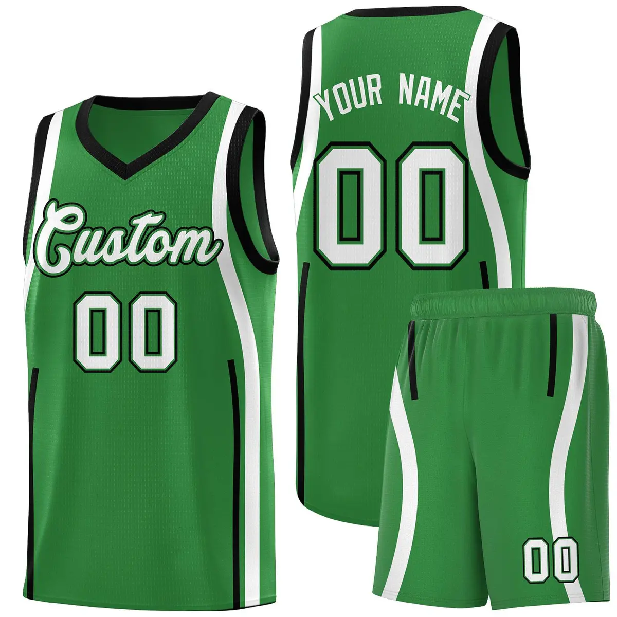 Kelly Green Black-White Ribbon Pattern Basketball Kits