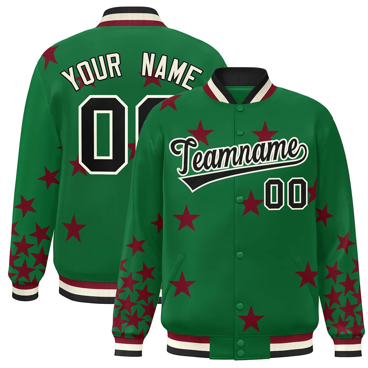 Kelly Green Black-White Star Graffiti Varsity Full-Snap Bomber Jacket