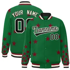 Kelly Green Black-White Star Graffiti Varsity Full-Snap Bomber Jacket 1