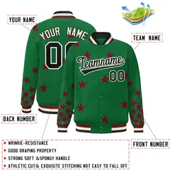 Kelly Green Black-White Star Graffiti Varsity Full-Snap Bomber Jacket 2