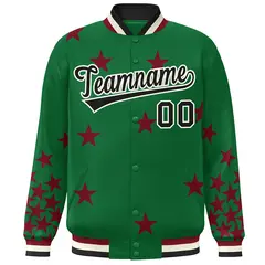 Kelly Green Black-White Star Graffiti Varsity Full-Snap Bomber Jacket 3