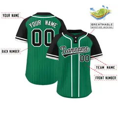 Kelly Green Black-White Stripe Raglan Two-Button Softball Jersey 2