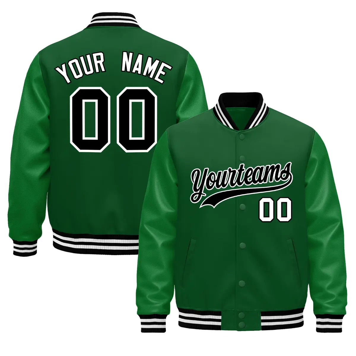 Kelly Green Black White Varsity Jacket with Faux Leather Sleeves