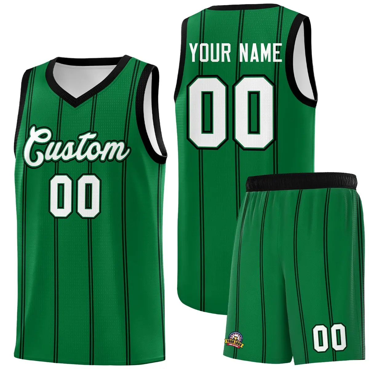 Kelly Green Black White Vertical Stripes Basketball Jersey Set