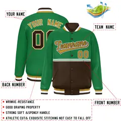 Kelly Green Brown Color Block Varsity Full-Snap Letterman Jacket 2