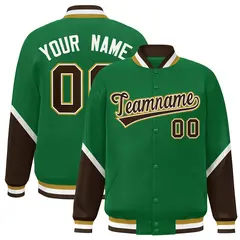 Kelly Green Brown Color Block Varsity Letterman Jacket 1