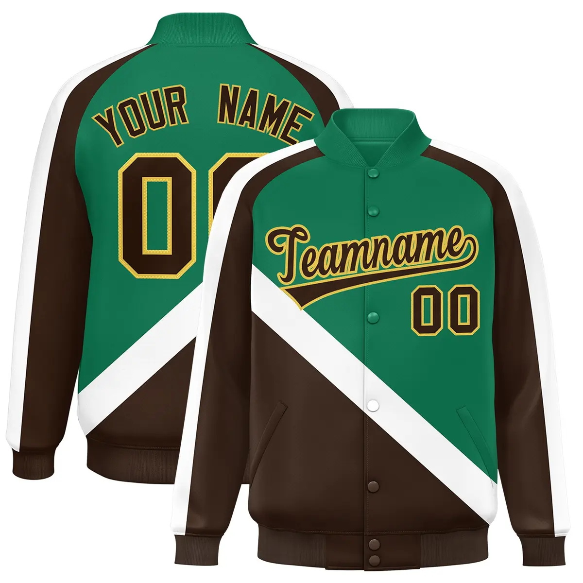 Kelly Green Brown Raglan Varsity Full-Snap Letterman Baseball Jacket