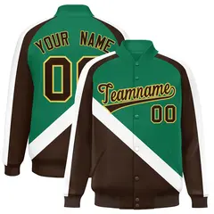Kelly Green Brown Raglan Varsity Full-Snap Letterman Baseball Jacket 1