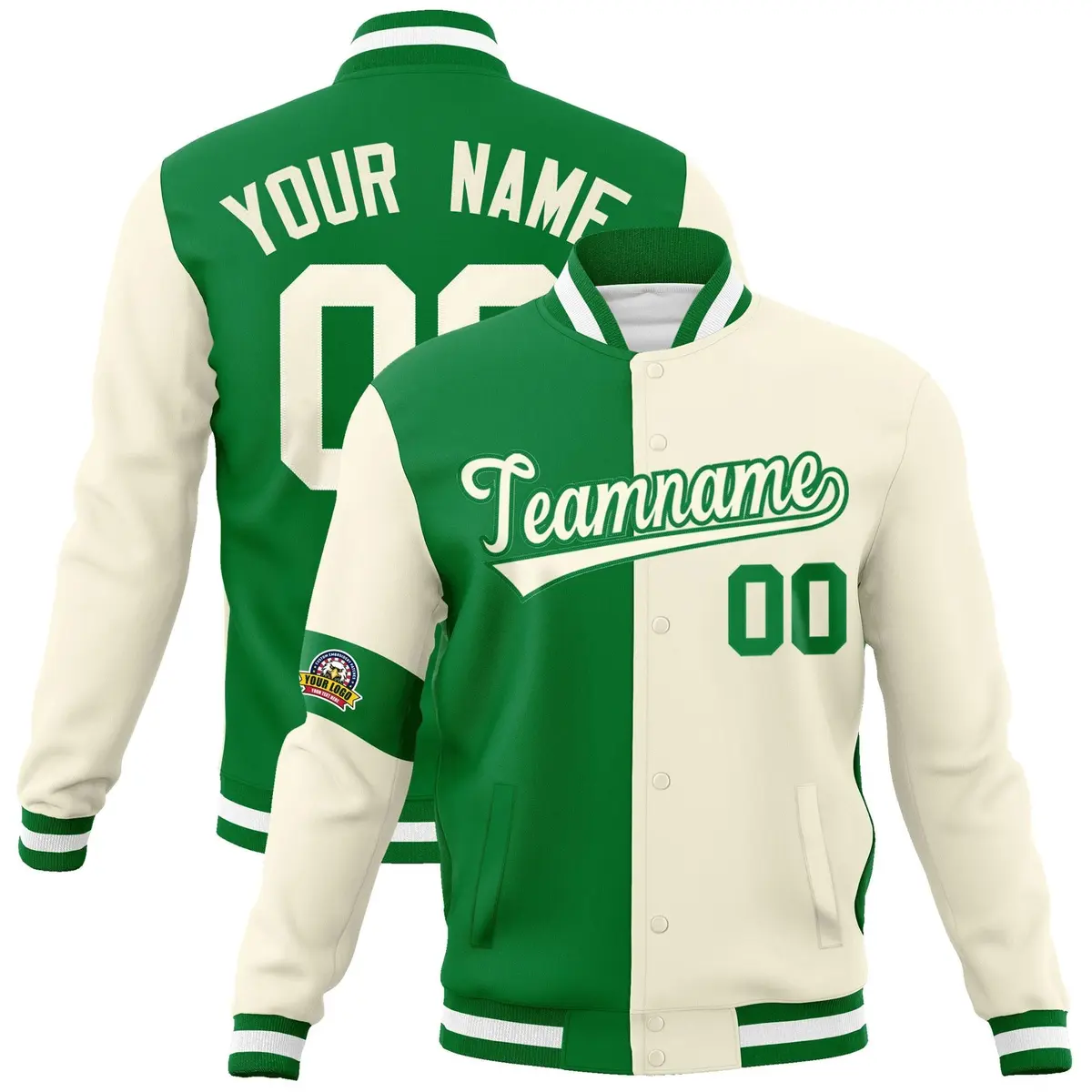 Kelly Green Cream Two Tone Split Letterman Full-Snap Jacket